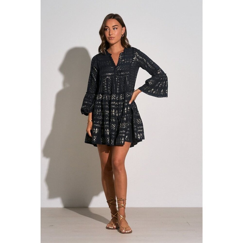 NWT Elan Black & Gold CLara  Metallic Bell Sleeve Women's  Mini Dress Size Small